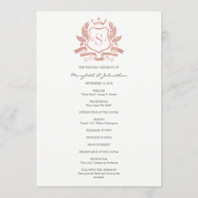 Classic Rose Gold Crest Wedding Program Programme (Front)