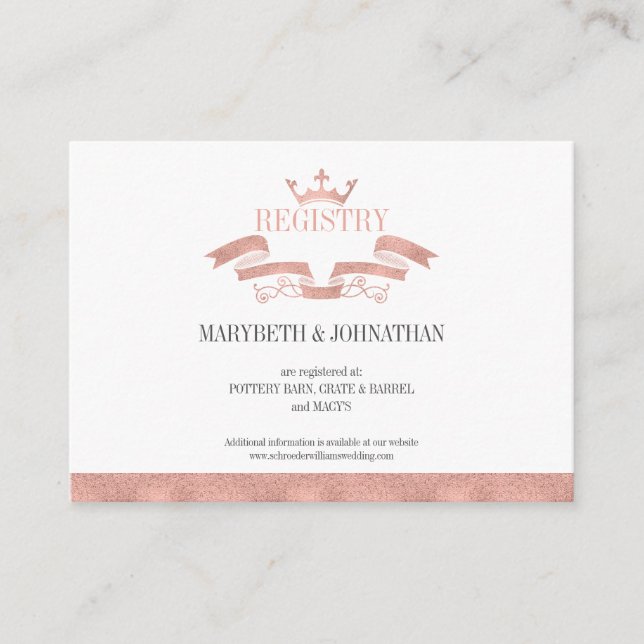 Classic Rose Gold Crest Wedding Registry Card (Front)