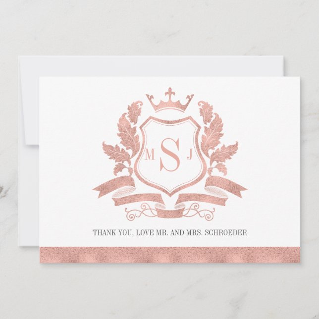 Classic Rose Gold Crest Wedding Thank You Card (Front)