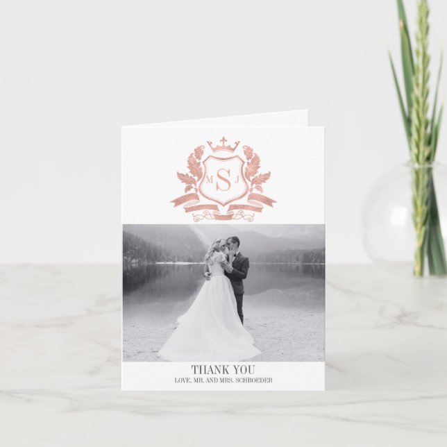 Classic Rose Gold Crest Wedding Thank You Card (Front)