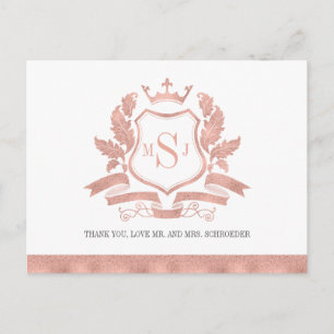 Classic Rose Gold Crest Wedding Thank You Postcard