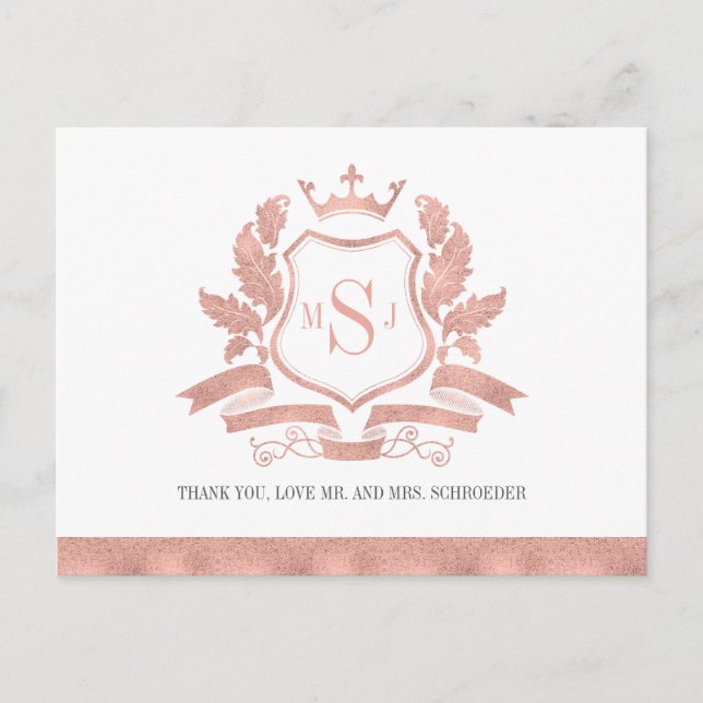 Classic Rose Gold Crest Wedding Thank You Postcard (Front)