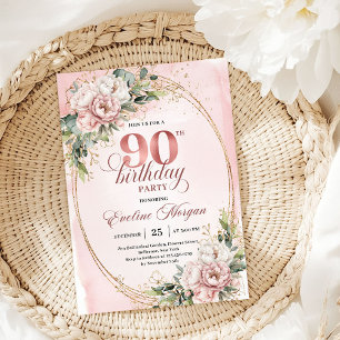 Classic Rose Gold Floral Greenery 90th Birthday  Invitation