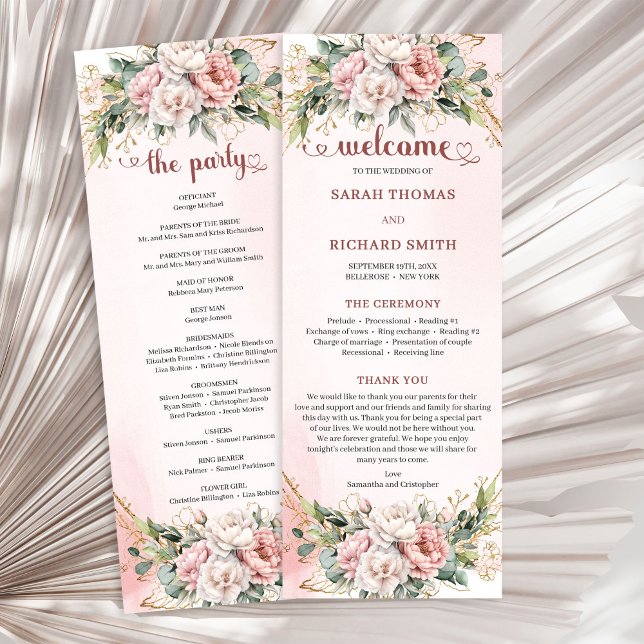 Classic Rose Gold Floral Greenery Wedding Program Programme (Classic Rose Gold Floral Greenery Wedding Program)