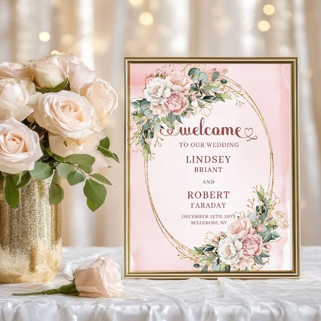 Classic Rose Gold Floral Greenery Welcome Wedding Poster (Classic Rose Gold Floral Greenery Welcome Wedding)