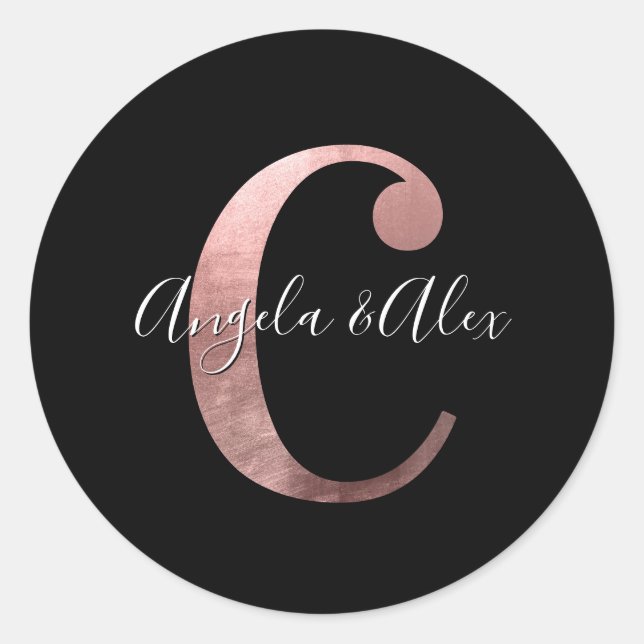 Classic Rose Gold Foil Wedding Monogram C Black Classic Round Sticker (Front)