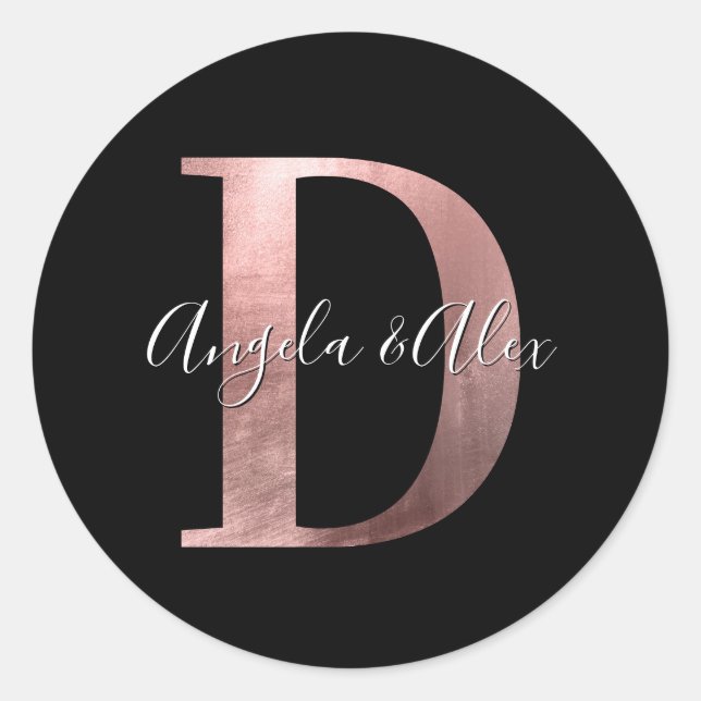 Classic Rose Gold Foil Wedding Monogram D Black Round Sticker (Front)