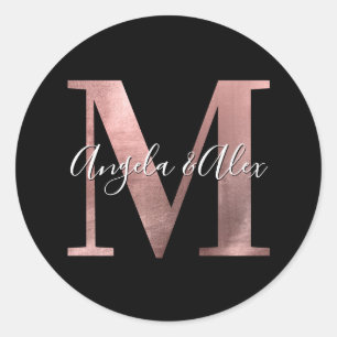 Classic Rose Gold Foil Wedding Monogram M Black Round Sticker
