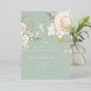 Classic Roses Floral Sage Garden Wedding Foil