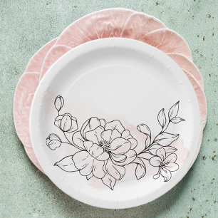 Classic Round Blush Watercolor with Black Floral Paper Plate