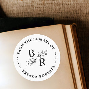 Classic Round Botanical Initials Library Bookplate Sticker