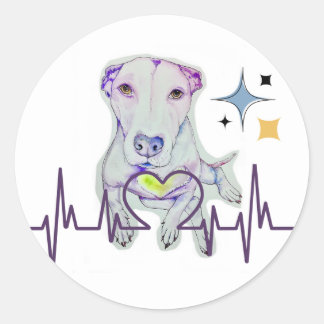 classic round, dog art with heartbeat, sticker
