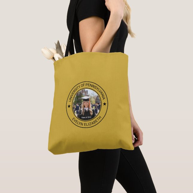 Classic Round Graduate Modern Script Medium M Gold Tote Bag (Close Up)