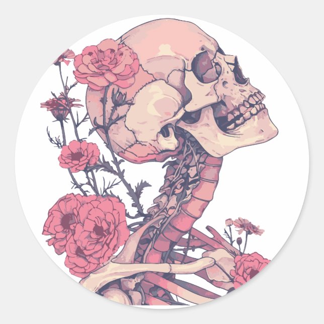 Classic round stickers. Skeleton with flowers. Pin Sticker (Front)