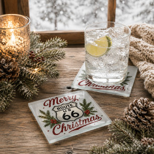 Classic Route 66 Christmas Drink Decor Glass Coaster