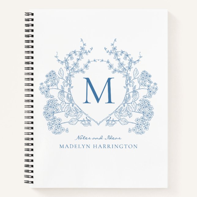 Classic Royal Blue Floral Crest Monogram Journal (Front)