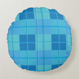 Classic Royal Sky Blue Plaid Aesthetic Round Cushion