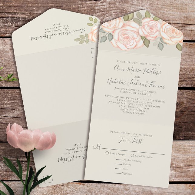 Classic RSVP Meal Choice Blush Floral Sage Green All In One Invitation (Creator Uploaded)