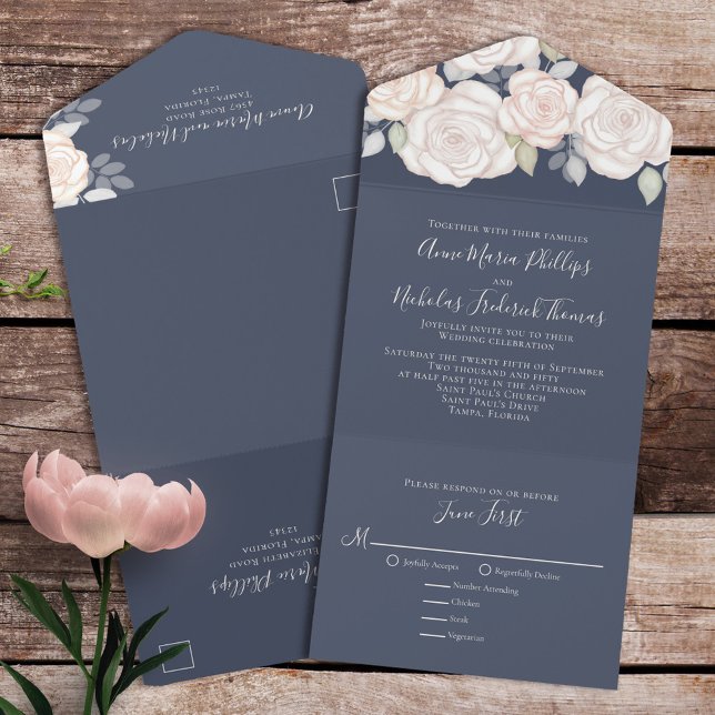 Classic RSVP Meal Option Blush Floral Roses Blue All In One Invitation (Creator Uploaded)
