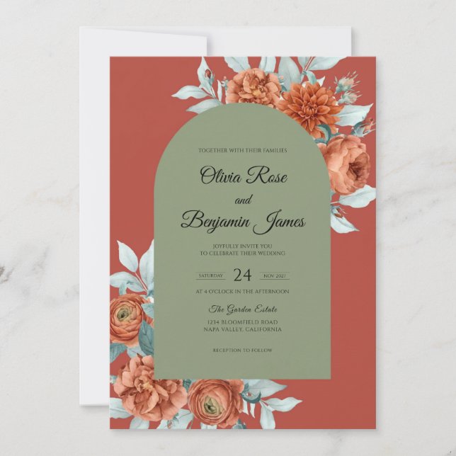 Classic Rust Olive Dahlia Wedding Invitation (Front)