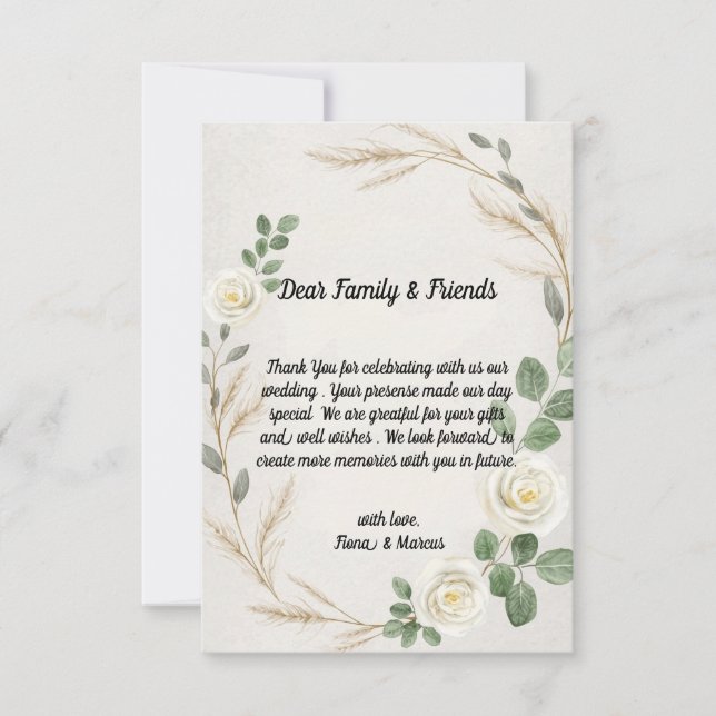 Classic Rustic Boho Roses&Pampas Grass Wedding  Thank You Card (Front)