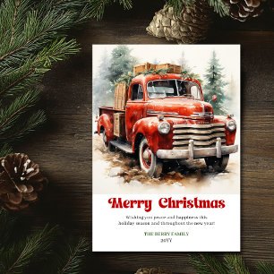 Classic rustic Christmas scene red car design Holiday Card