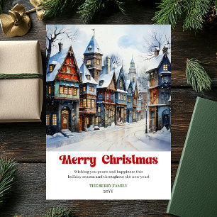 Classic rustic Christmas scene winter watercolor  Holiday Card