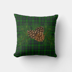 Classic rustic green black plaid with pinecone  cushion