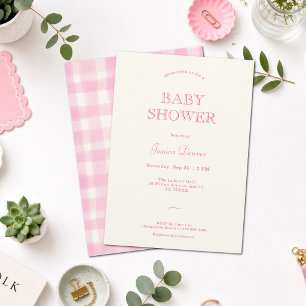 Classic Rustic Pink Cream Gingham Baby Shower Invitation