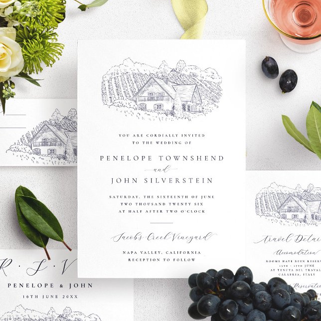 Classic Rustic Vineyard Illustration Wedding Invitation (Classic Rustic Vineyard Illustration Wedding Invitation)