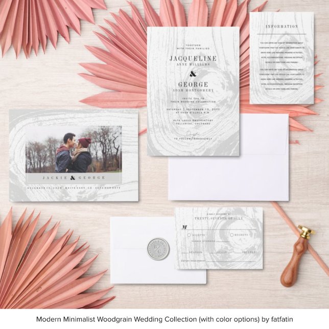 Classic Rustic Woodgrain Winter Wedding Chic Photo Save The Date (Clockwise: 1. Save The Date 2. Wedding Invitation 3. Enclosure Card 4. RSVP Card 5. Wax Seal Stamp)