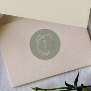 Classic Sage & Cream Monogram Gold Crest Wedding Classic Round Sticker