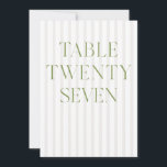 Classic Sage Green & Beige Wedding 27 Table Number<br><div class="desc">This elegant table number features a soft beige striped background with refined sage green serif typography and subtle script accents. Designed for garden weddings, refined receptions, and timeless outdoor celebrations. Coordinates with the “Iris” Wedding Invitation Collection — click the collection link on this page to find matching items like menus,...</div>