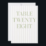 Classic Sage Green & Beige Wedding 28 Table Number<br><div class="desc">This elegant table number features a soft beige striped background with refined sage green serif typography and subtle script accents. Designed for garden weddings, refined receptions, and timeless outdoor celebrations. Coordinates with the “Iris” Wedding Invitation Collection — click the collection link on this page to find matching items like menus,...</div>