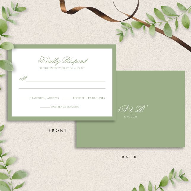 Classic Sage Green Border Monogram Script Wedding RSVP Card (Creator Uploaded)