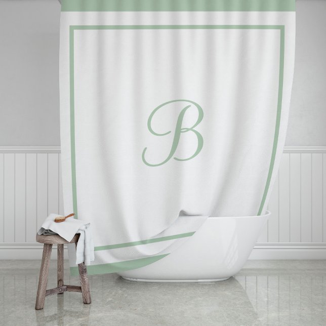 Classic Sage Green Border Script Monogram Letter Shower Curtain (Creator Uploaded)