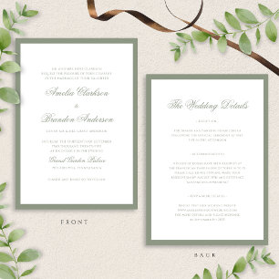 Classic Sage Green Border Script Wedding Details & Invitation