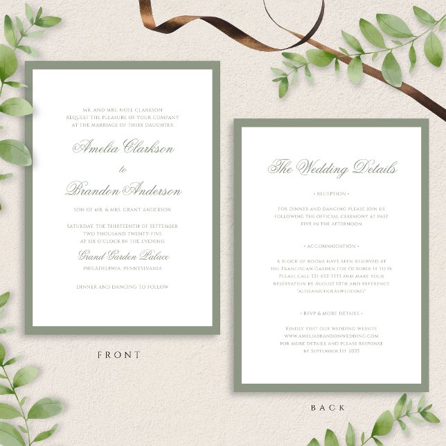Classic Sage Green Border Script Wedding Details & Invitation (Creator Uploaded)
