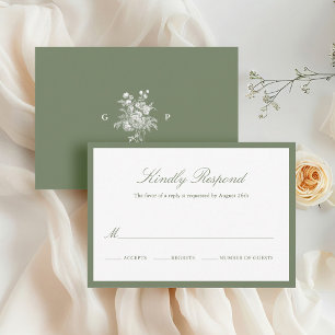 Classic Sage Green Border Wedding Monogram RSVP Card