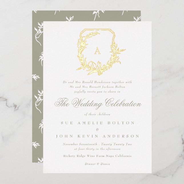 classic sage green botanical gold monogram crest (Front/Back)