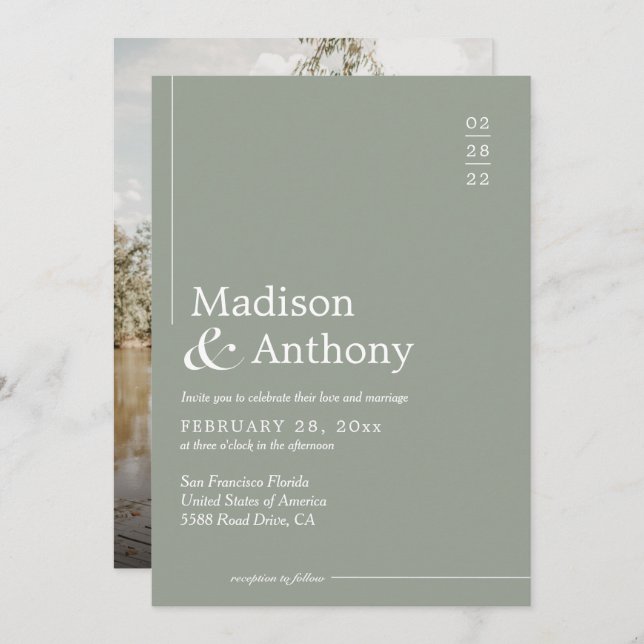 Classic Sage Green Budget Script Photo Wedding Invitation (Front/Back)