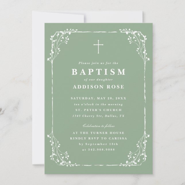 Classic Sage Green Dainty Floral Frame Baptism Invitation (Front)