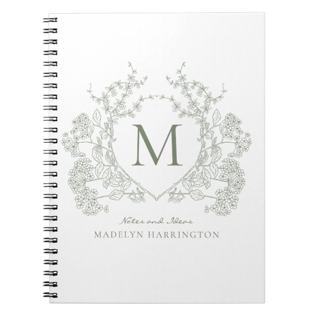 Classic Sage Green Floral Crest Monogram Notebook (Front)