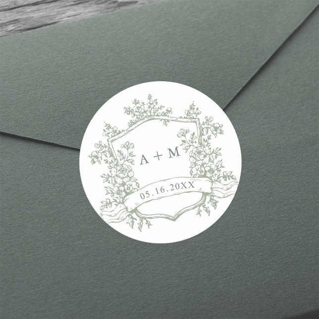 Classic Sage Green Floral Crest Monograms Round Sticker (Creator Uploaded)