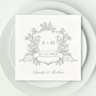 Classic Sage Green Floral Crest Monograms Wedding Napkin