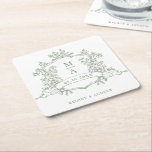 Classic Sage Green Floral Crest Monograms Wedding  Square Paper Coaster<br><div class="desc">Classic sage green floral crest wedding paper coaster with monograms,  perfect for a modern classic or romantic vintage wedding. For more advanced customisation of this design,  please click the BLUE DESIGN TOOL BUTTON above! Matching items are also available.</div>