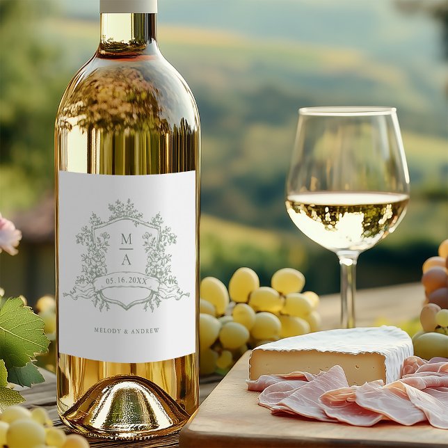 Classic Sage Green Floral Crest Monograms Wedding Wine Label (Creator Uploaded)