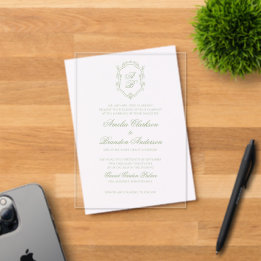 Classic Sage Green Floral Monogram Crest Wedding Acrylic Invitations