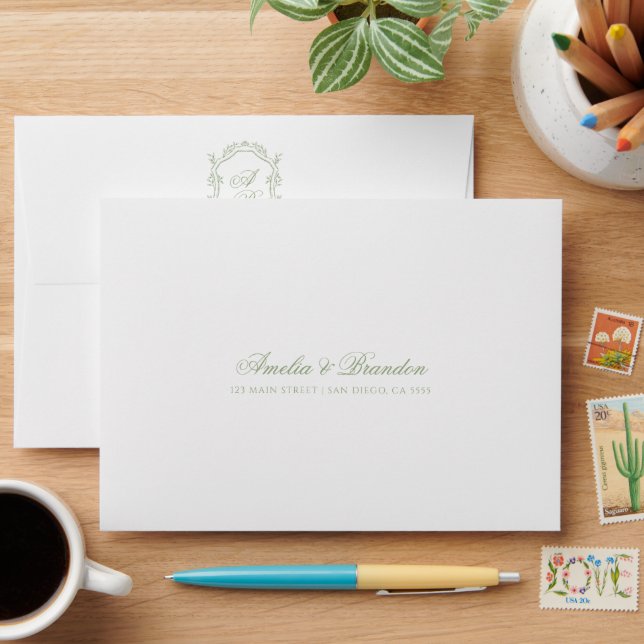 Classic Sage Green Floral Monogram Crest Wedding Envelope (Desk)