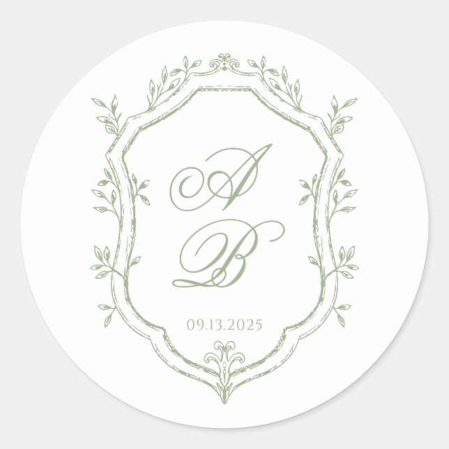 Classic Sage Green Floral Monogram Crest Wedding Round Sticker (Front)
